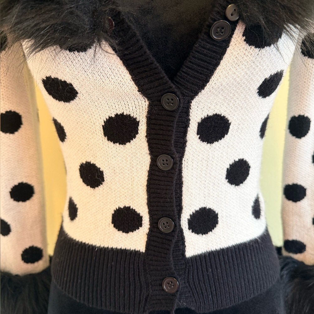 Nasty Gal Black and White Polka Dot Fur Cardigan - Picture 2 of 7